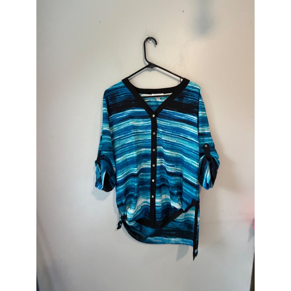Calvin Klein Blue Black Striped Roll Tab Sleeve V-Neck Blouse XL